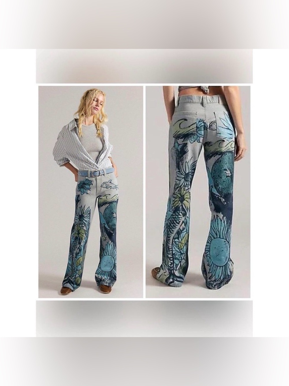 Free People Tinsley Printed Jeans Seashore Combo Blue Size 32 Straight Leg